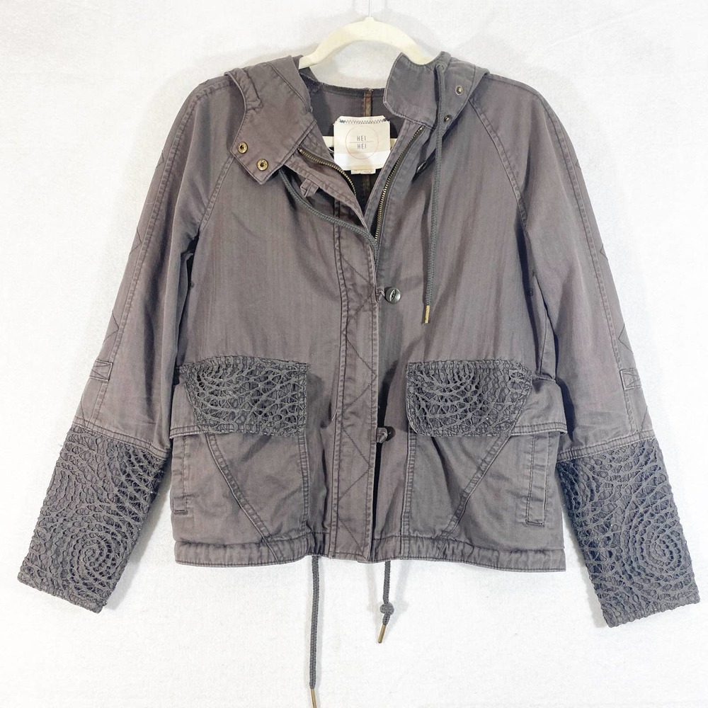 Anthropologie Jacket XS Gray Brown Lace Cargo Utility Long Sleeve Zip Up Hei Hei - Picture 1 of 11